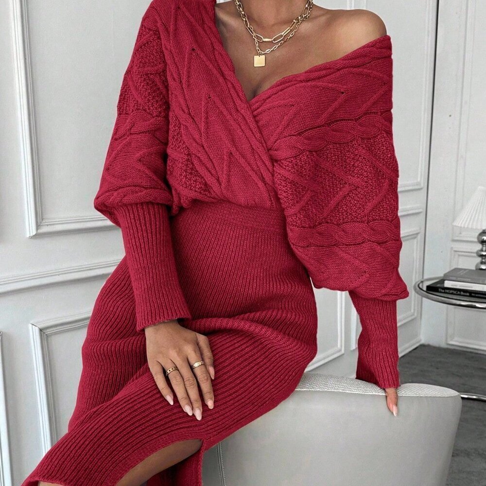 Burgundy Batwing Sleeve Split Hem Women's Knitted Sweater midi Dress